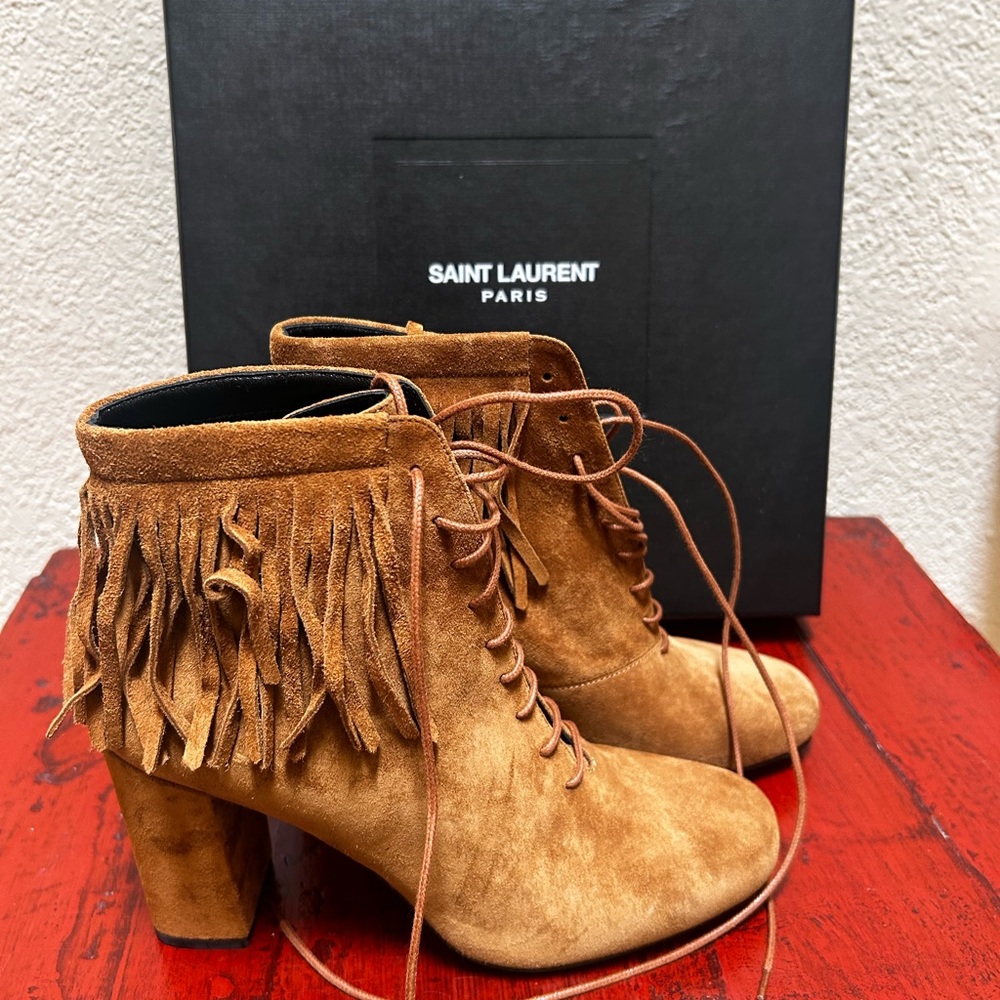 Authentic Yves Saint Laurent Brown Suede Lace Up Fringe Boots